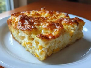 A thick slice of rich cream cheese corn casserole showing whole corn kernels and a golden-brown baked top.