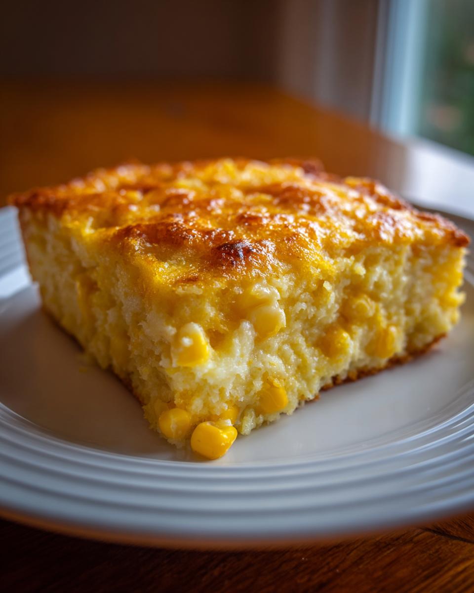 A single, square slice of moist cream cheese corn casserole with visible corn kernels on a white plate.