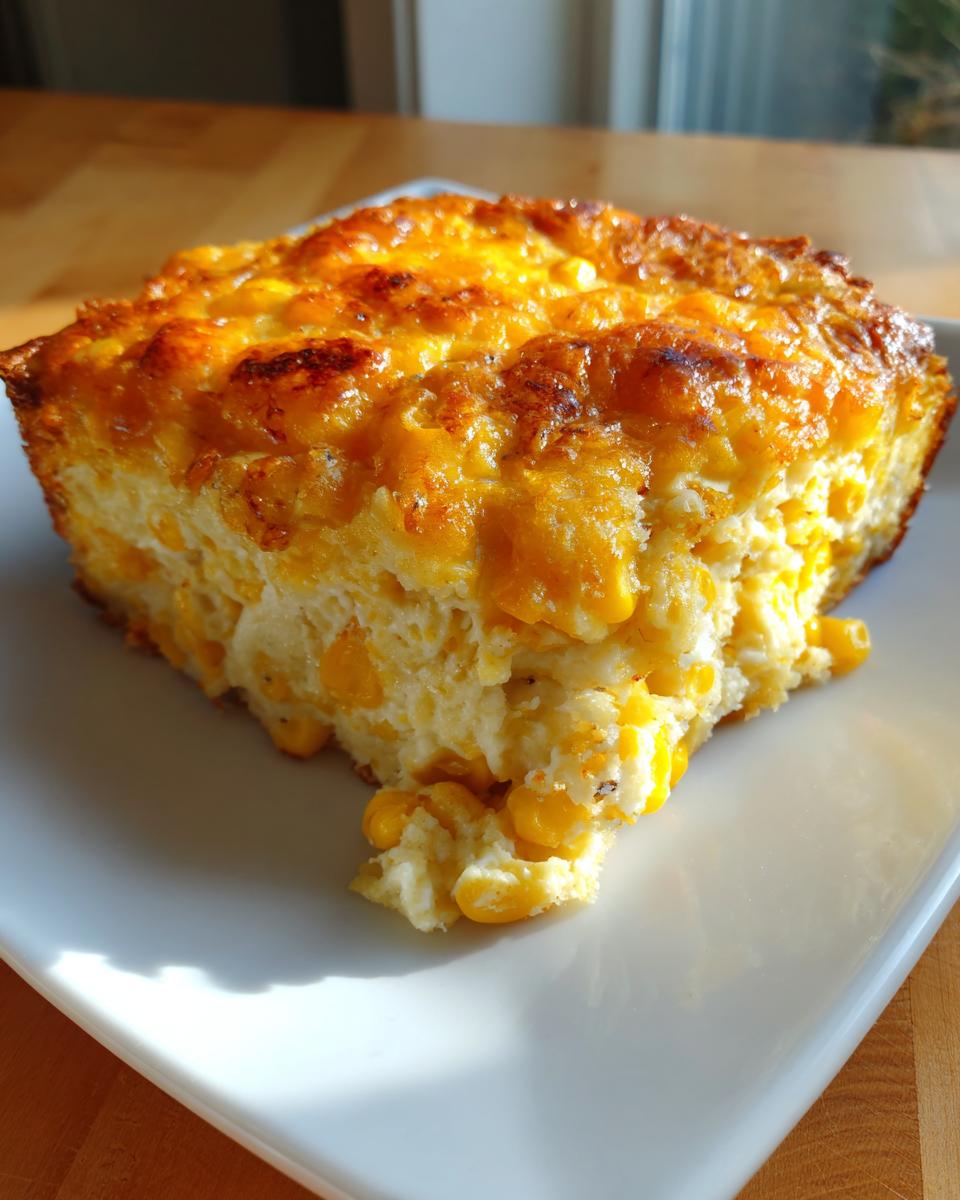 A square slice of rich cream cheese corn casserole with a deeply browned, cheesy top, served on a white plate.