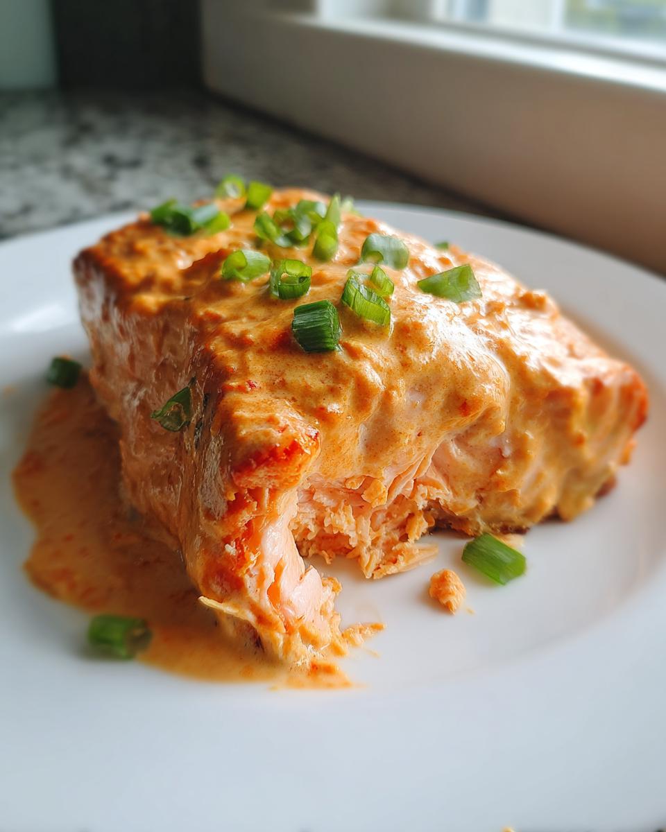 A close-up of a flaky piece of bang bang salmon covered in creamy orange sauce and topped with chopped green onions.