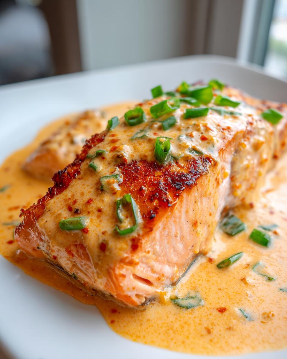 Close-up of a perfectly cooked fillet of bang bang salmon covered in creamy orange sauce and topped with chopped green onions.