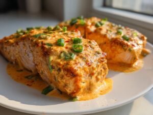 Two thick fillets of bang bang salmon covered in a creamy orange sauce and topped with sliced green onions.