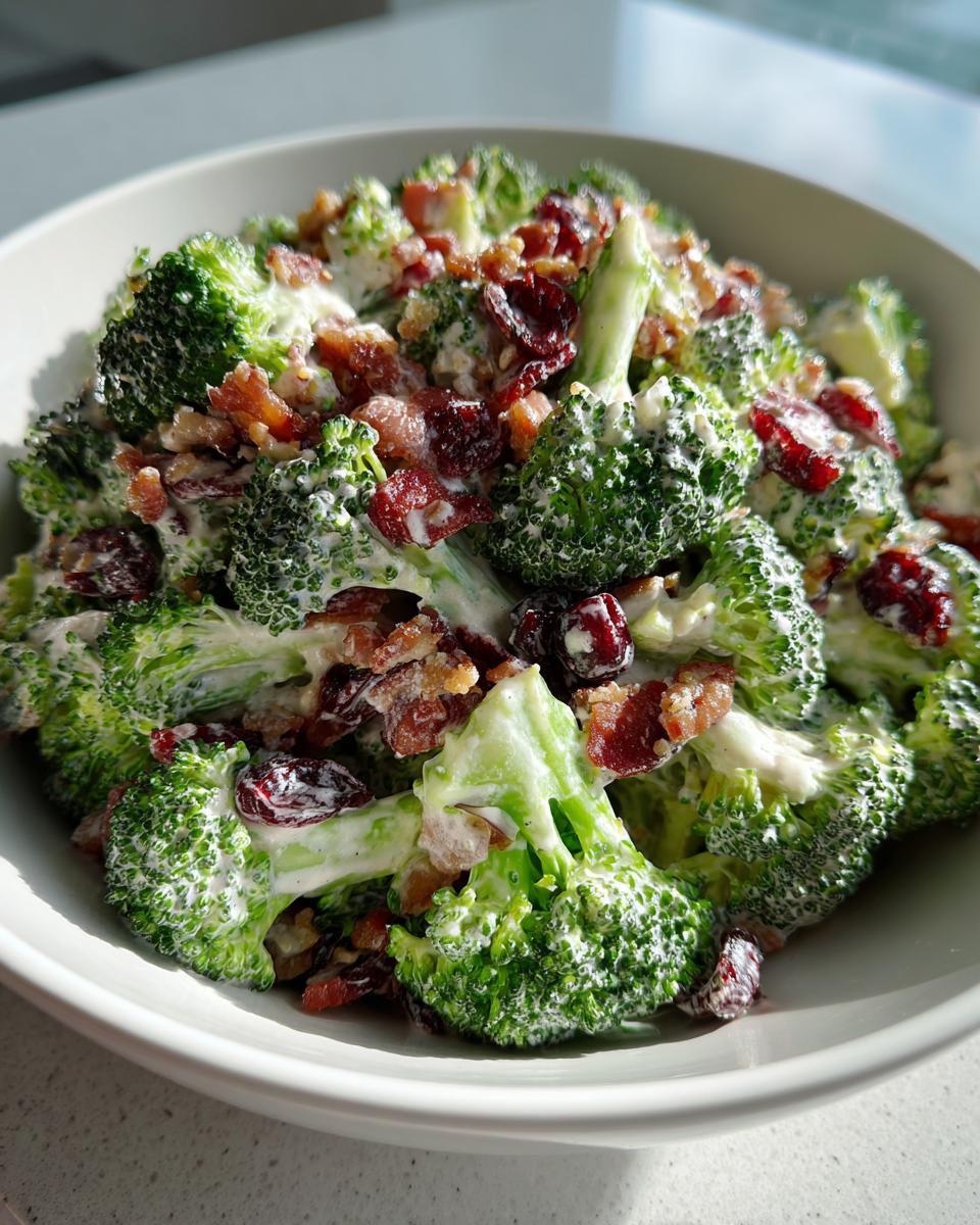 Close-up of a bowl of creamy broccoli salad mixed with bacon bits and dried cranberries.