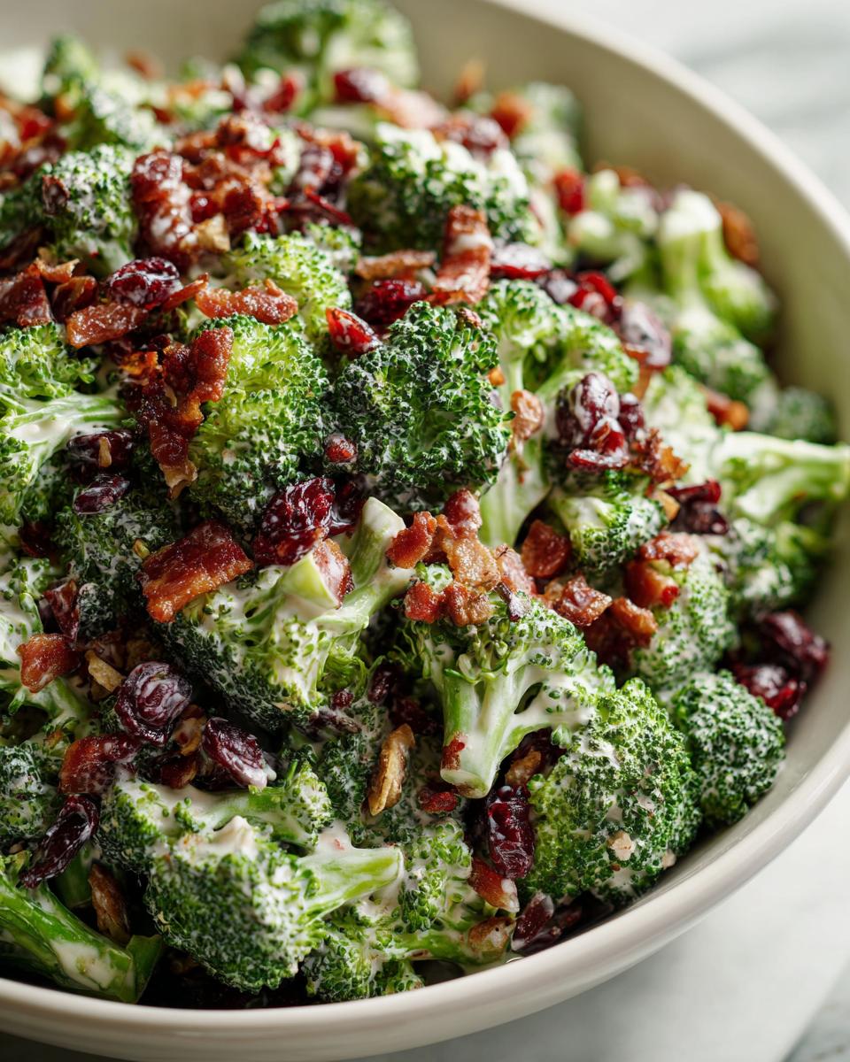 A close-up shot of a creamy broccoli salad mixed with dried cranberries and topped with crispy bacon pieces.