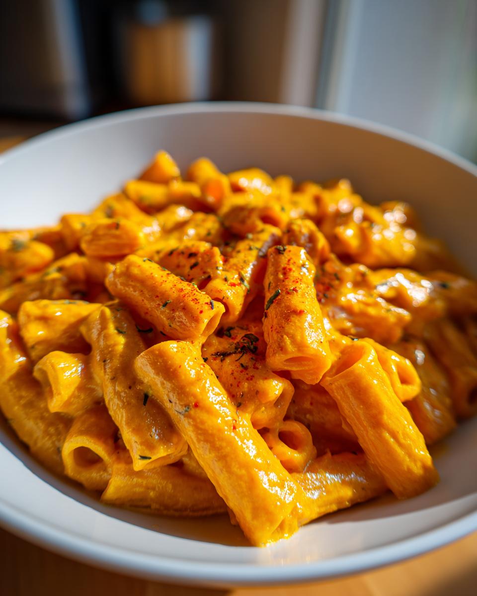 Close-up of rigatoni pasta coated in a rich, creamy butternut squash pasta sauce, garnished with herbs.