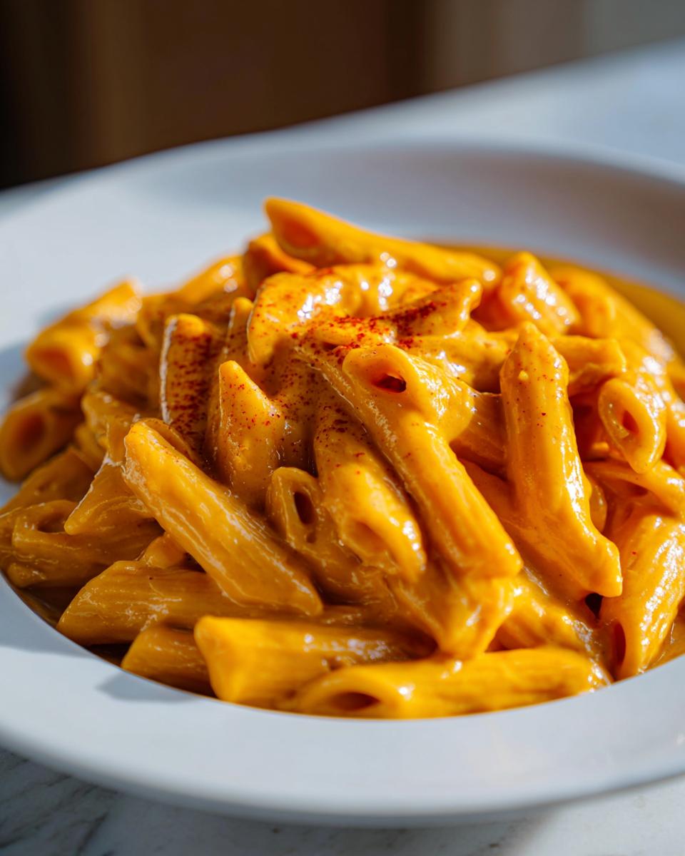 Close-up of creamy butternut squash pasta made with penne, topped with a sprinkle of red spice.