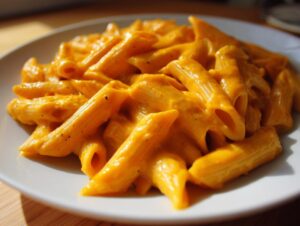 Close-up of penne pasta coated in a vibrant, creamy butternut squash pasta sauce on a white plate.