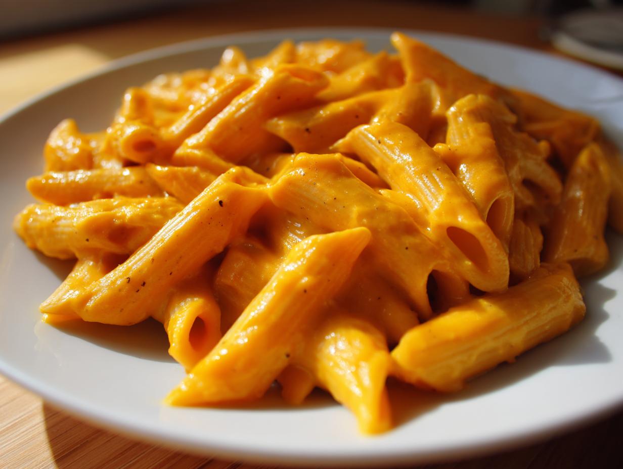 Close-up of penne pasta coated in a vibrant, creamy butternut squash pasta sauce on a white plate.