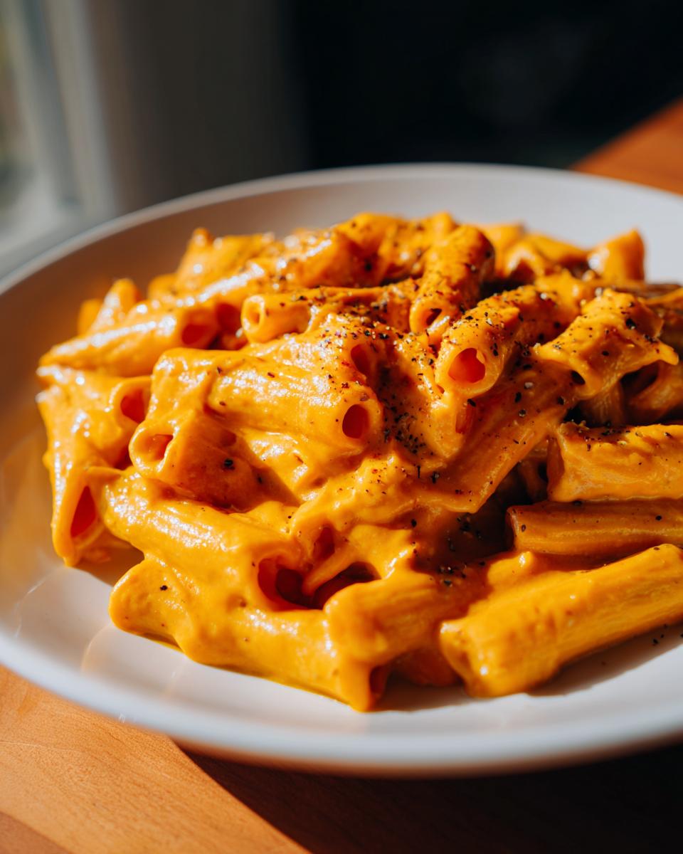 Close-up of creamy butternut squash pasta (rigatoni) generously coated in an orange sauce and topped with black pepper.