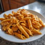 A close-up of creamy, orange-hued cajun chicken pasta made with penne noodles served on a white plate.