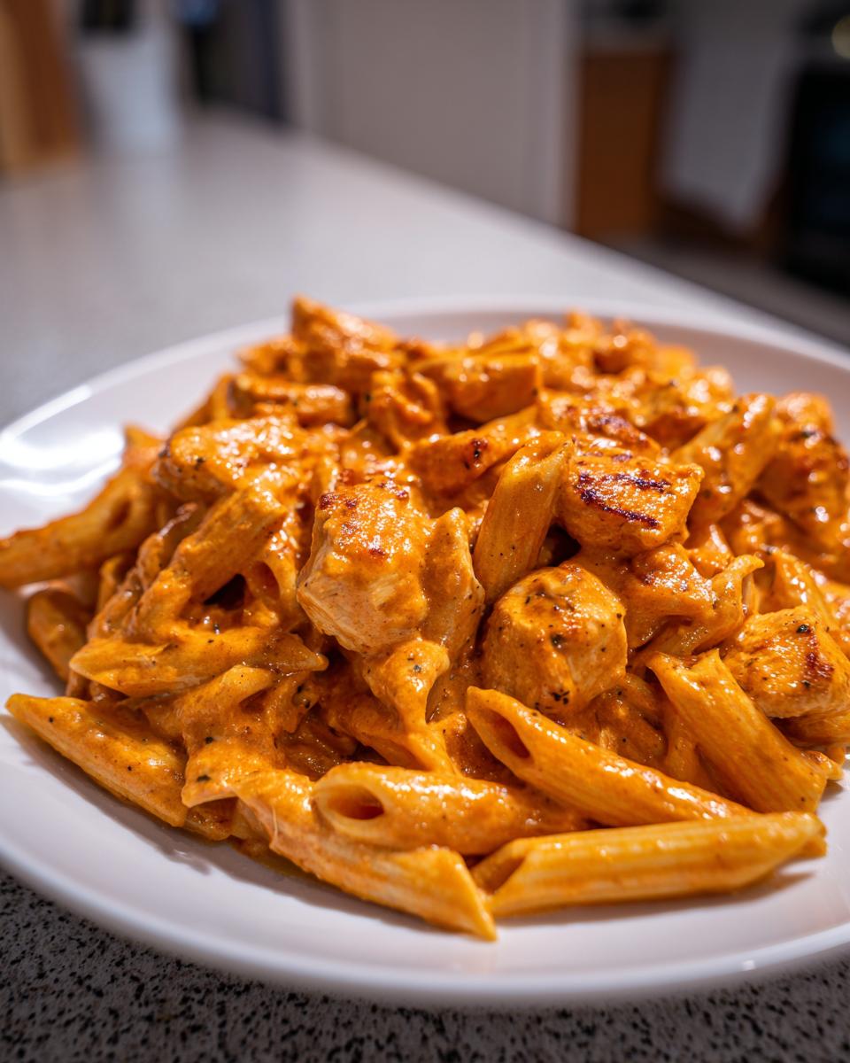 Close-up of a white plate filled with creamy Cajun chicken pasta featuring penne and seasoned chicken pieces.