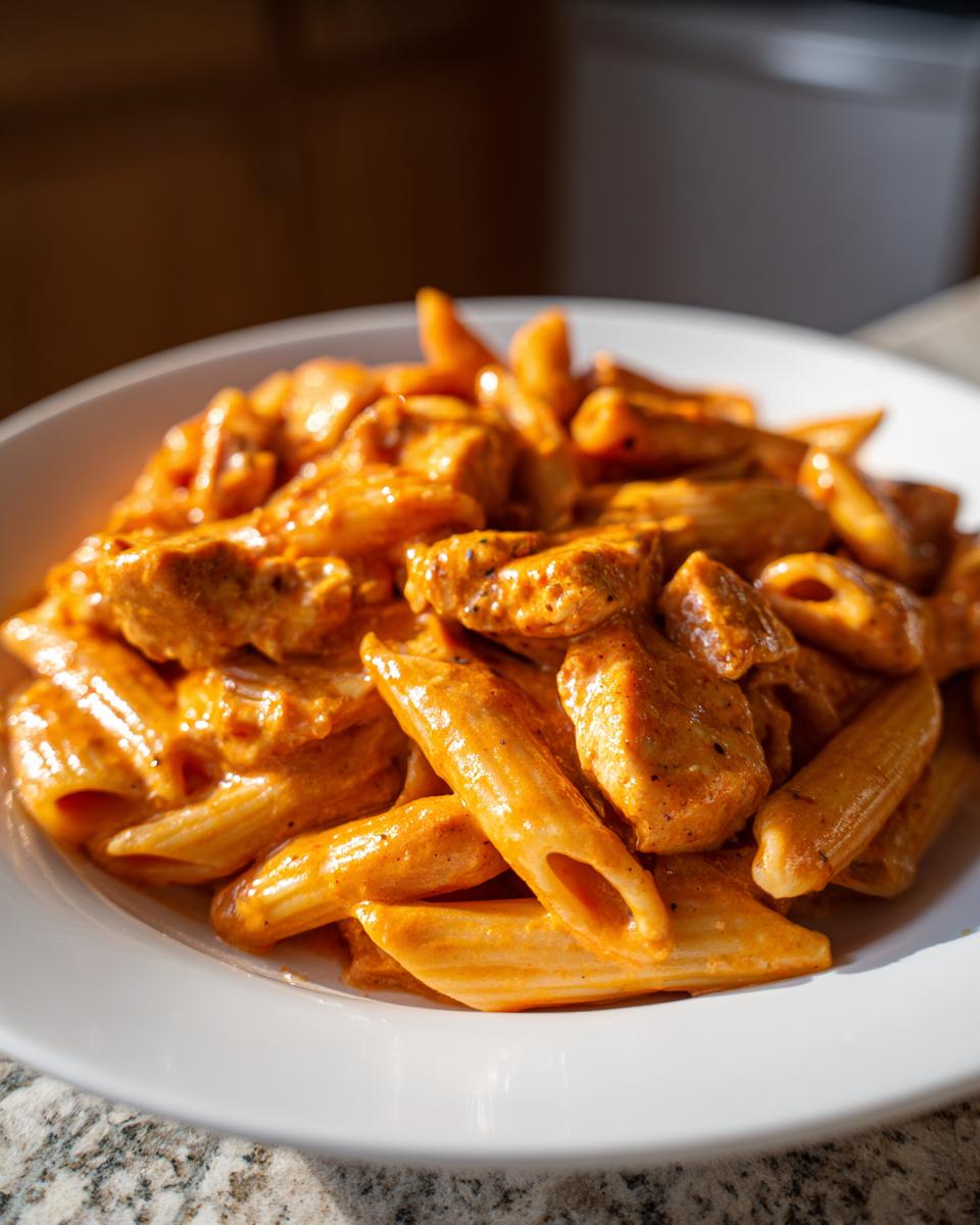 Close-up of a white bowl filled with creamy, orange-hued cajun chicken pasta featuring penne noodles and seasoned chicken chunks.