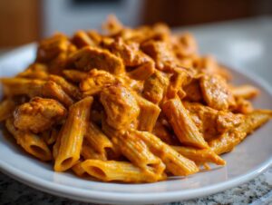 A close-up shot of a white plate piled high with creamy, orange-hued cajun chicken pasta featuring penne noodles and seasoned chicken pieces.