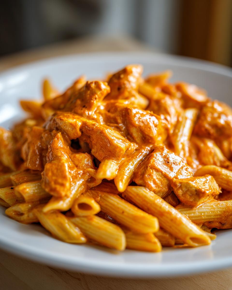 Close-up of creamy, orange-hued cajun chicken pasta featuring penne noodles and chunks of seasoned chicken.
