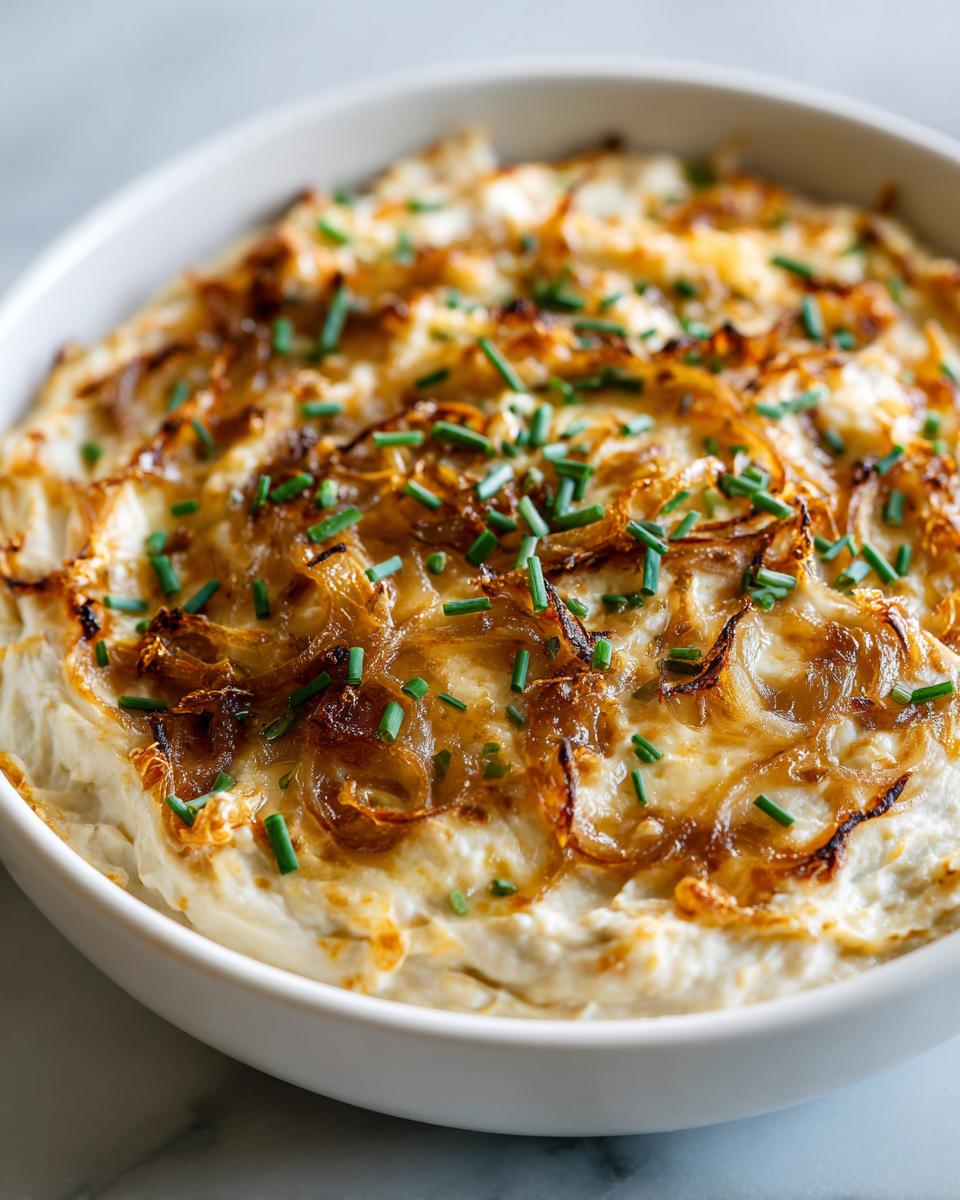 Close-up of a white bowl filled with creamy caramelized onion dip, topped with browned onions and fresh chives.