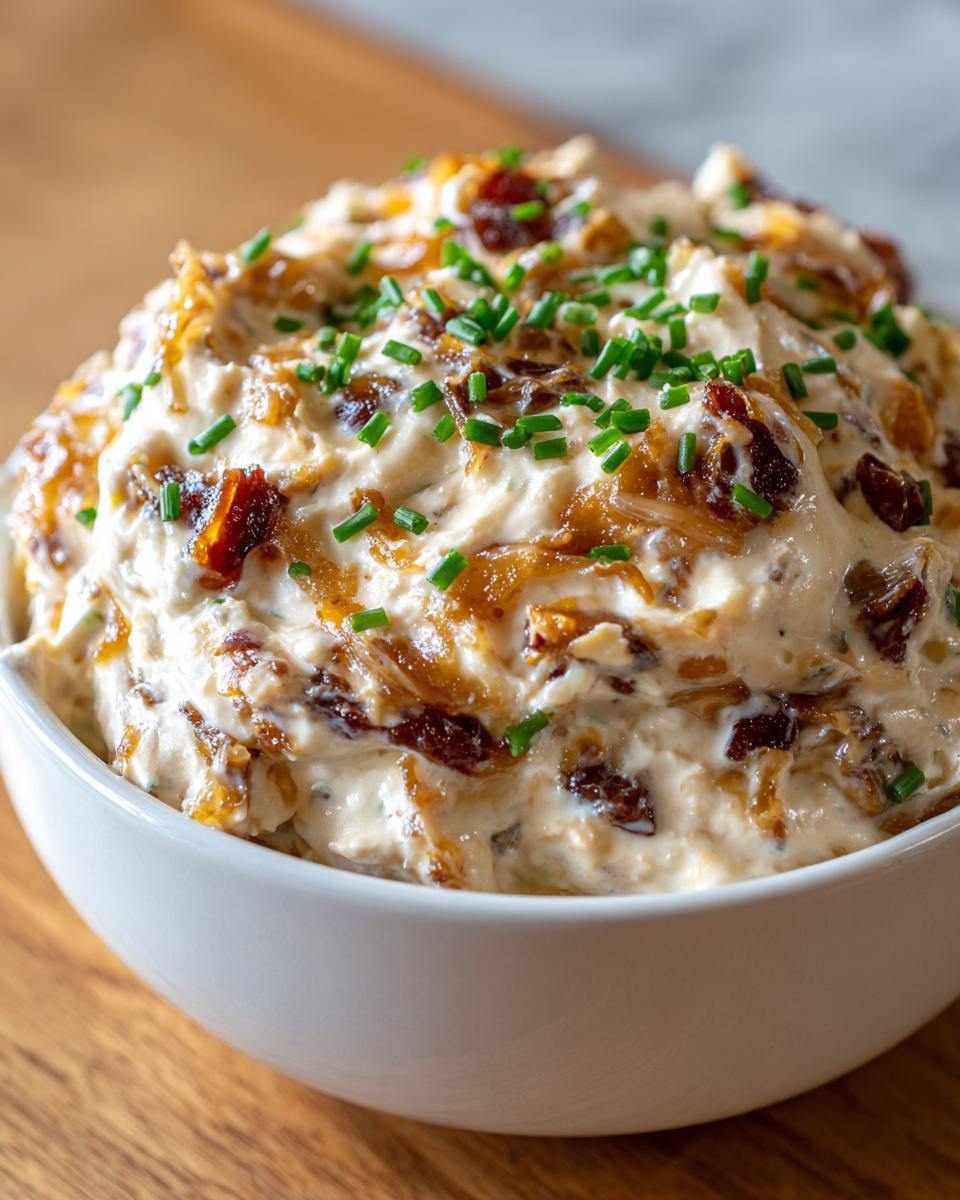 Close-up of creamy caramelized onion dip in a white bowl, garnished with fresh chives.