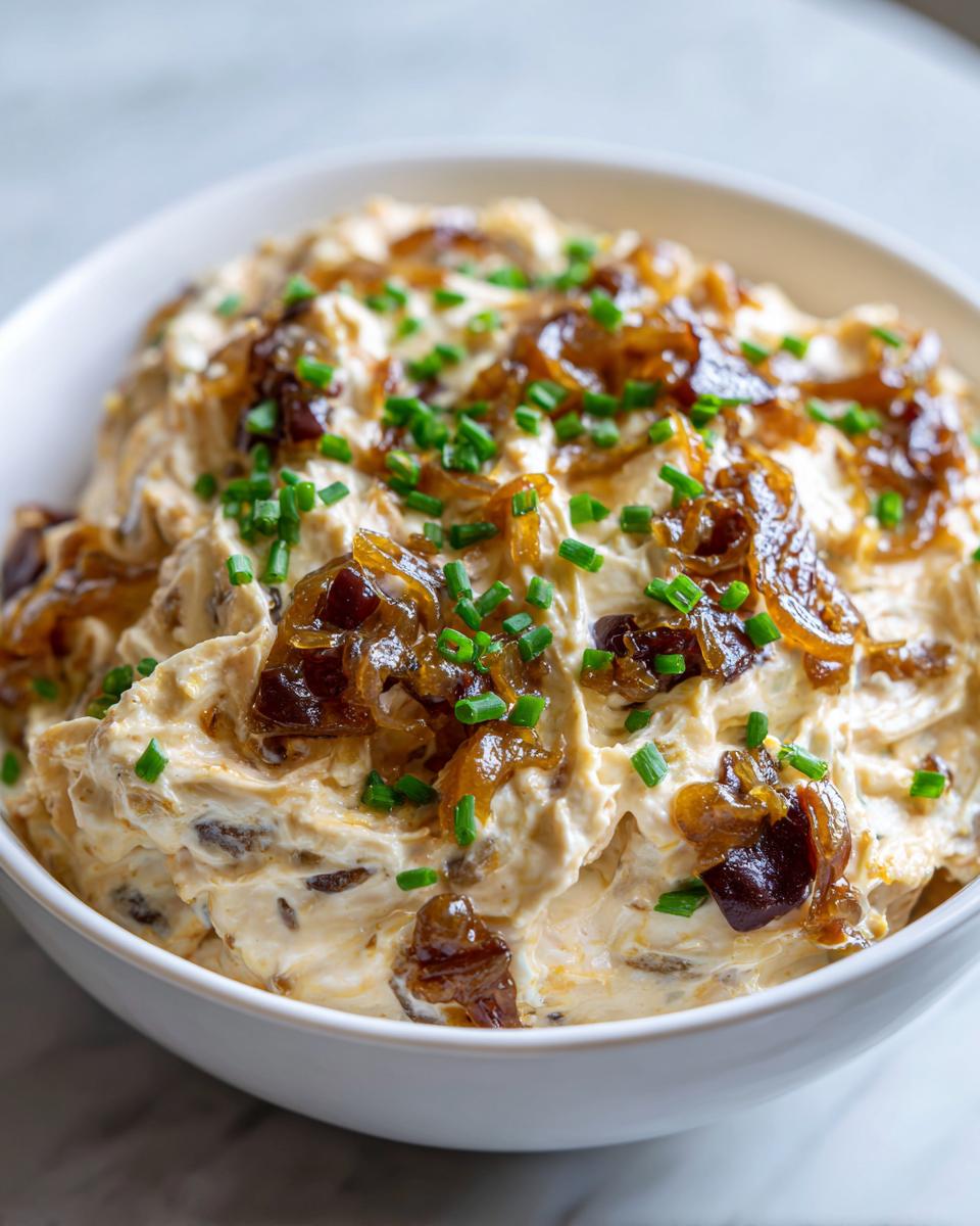 Close-up of creamy caramelized onion dip topped generously with sweet caramelized onions and fresh chopped chives.