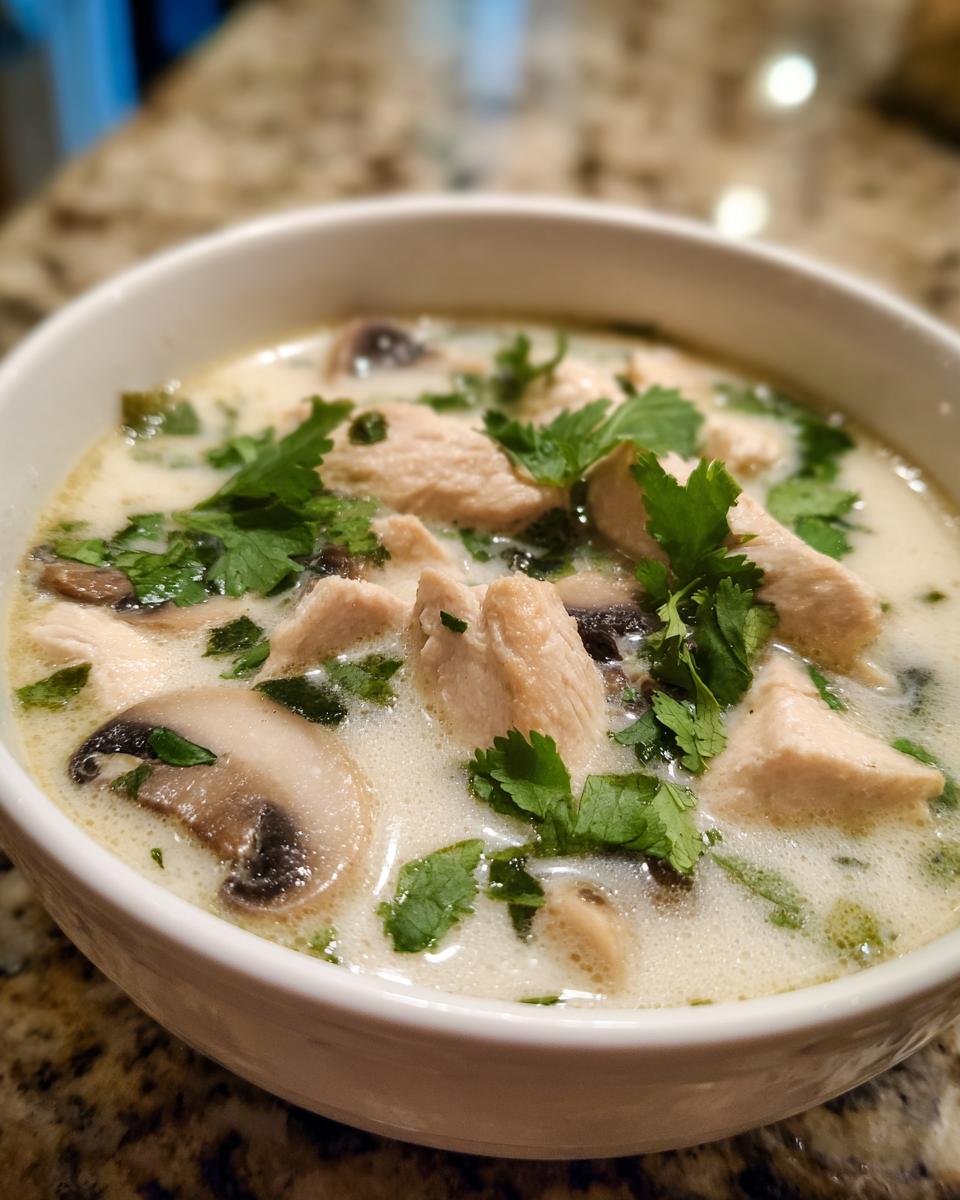 A close-up shot of a bowl of creamy chicken coconut soup garnished with fresh cilantro and sliced mushrooms.