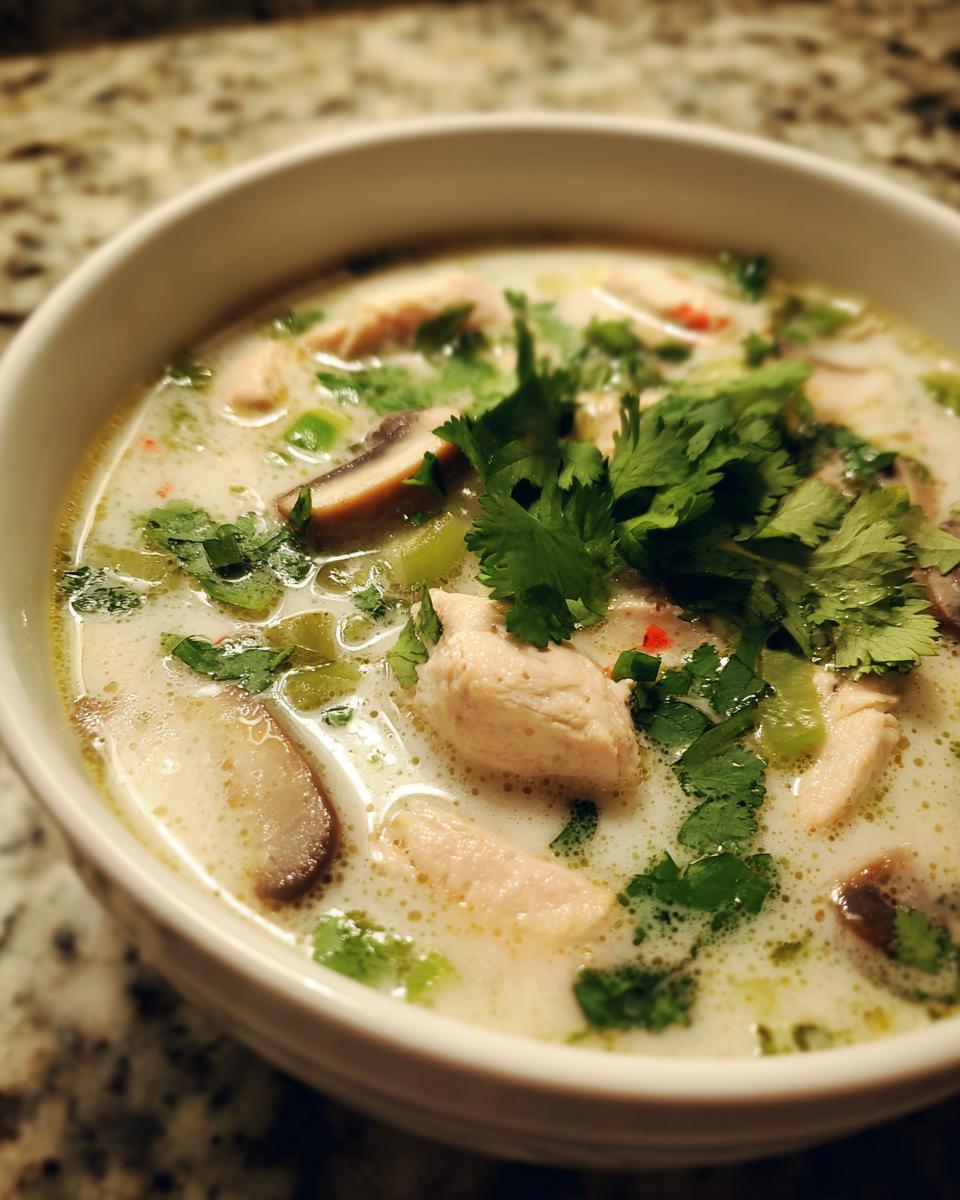 Close-up of a bowl of creamy chicken coconut soup garnished generously with fresh cilantro.