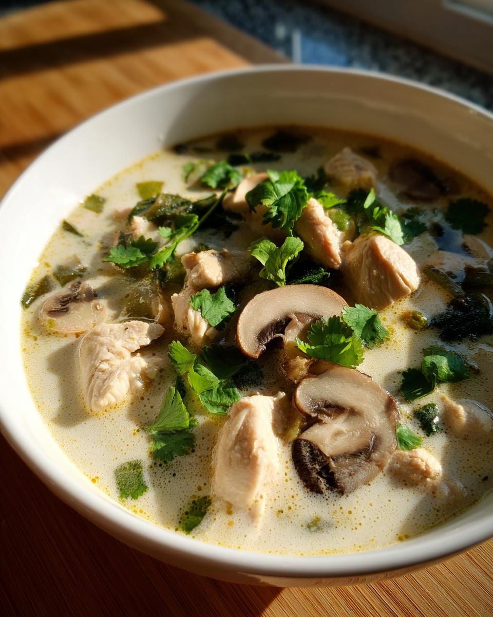 A close-up of a white bowl filled with creamy coconut soup featuring chunks of chicken, sliced mushrooms, and fresh cilantro.