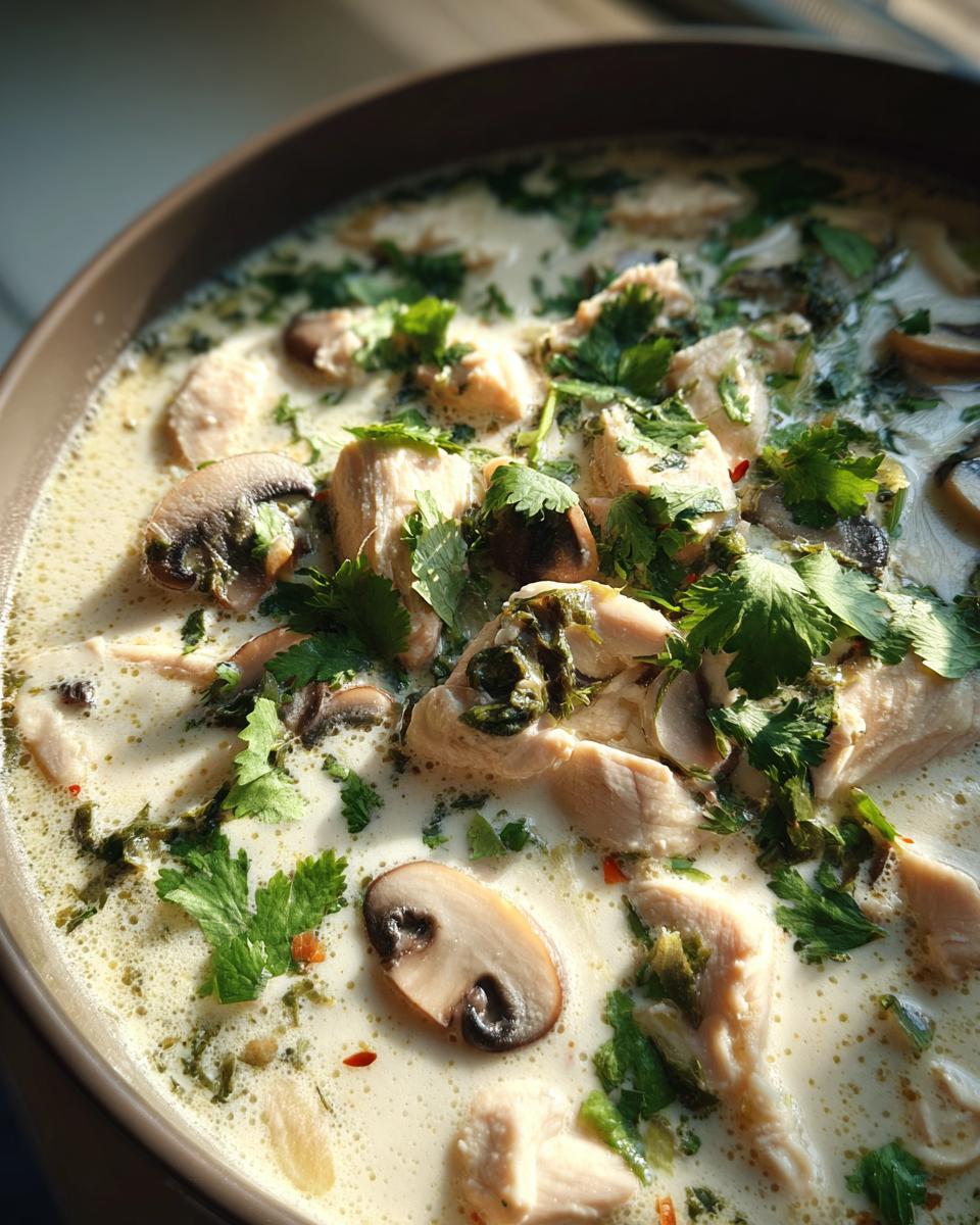 Close-up of a bowl of creamy coconut soup featuring chunks of chicken, sliced mushrooms, and fresh cilantro garnish.