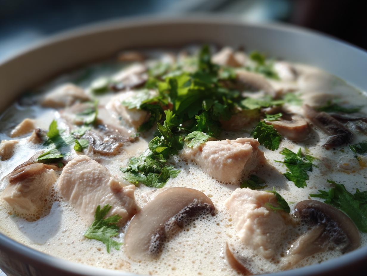 Close-up of creamy chicken and mushroom coconut soup garnished with fresh cilantro.