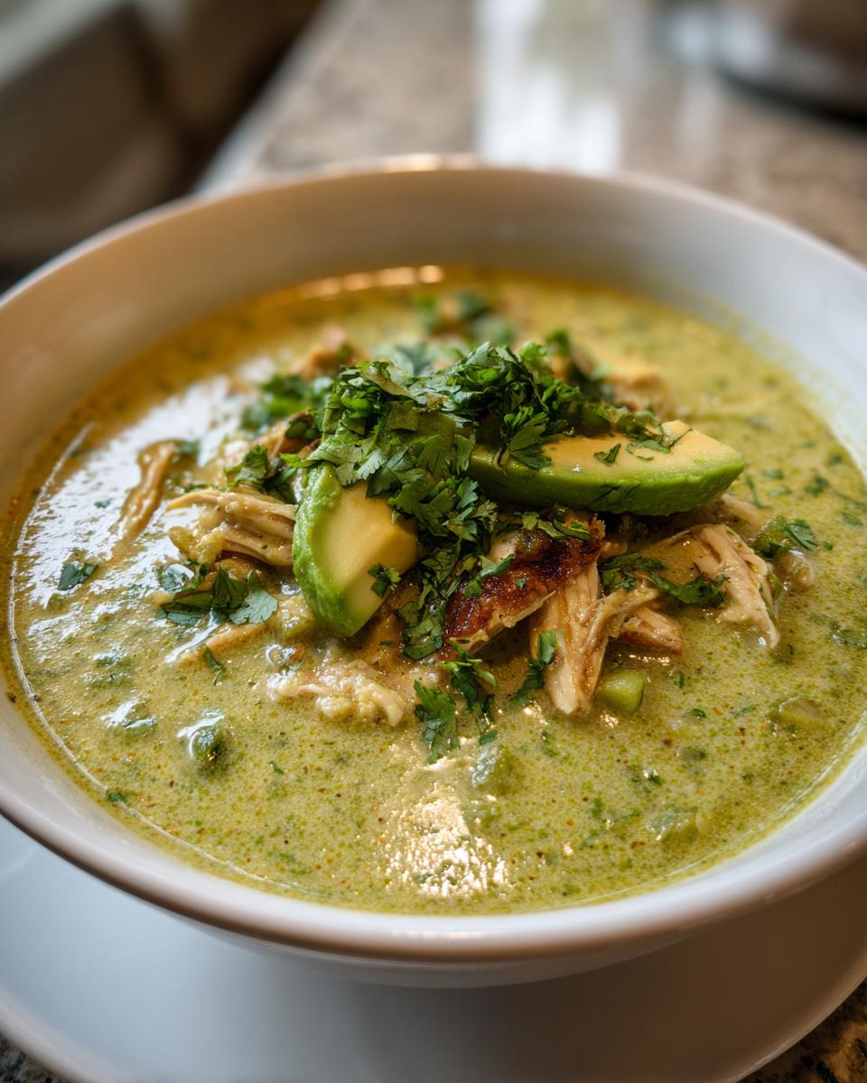 Close-up of a bowl of creamy green chicken poblano soup recipe garnished with shredded chicken, avocado slices, and fresh cilantro.