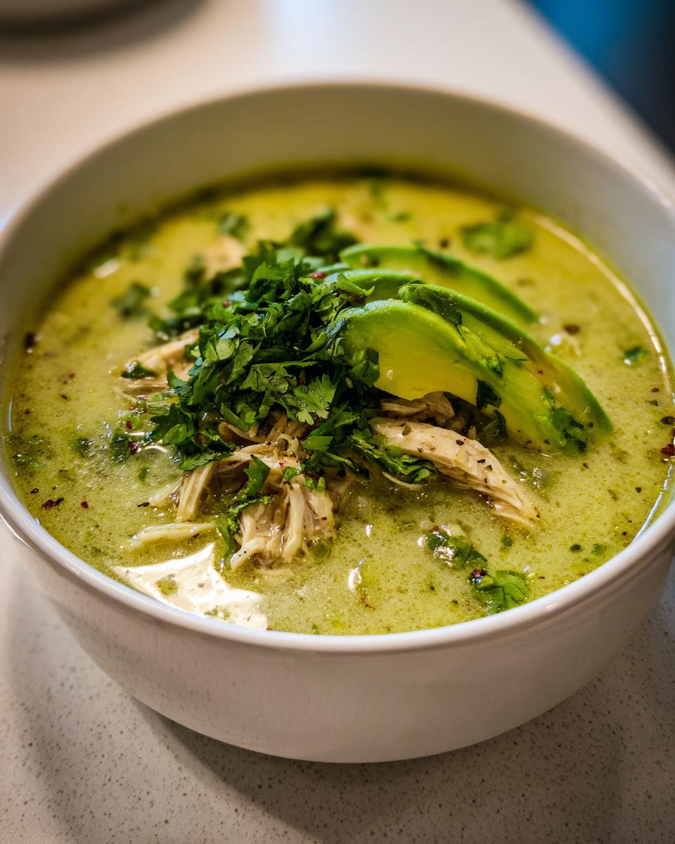 A close-up of a bowl of creamy green chicken poblano soup recipe, topped with shredded chicken, avocado slices, and fresh cilantro.
