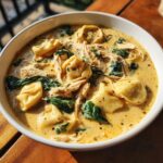 Close-up of a white bowl filled with creamy chicken tortellini soup, featuring tortellini, shredded chicken, and wilted spinach.