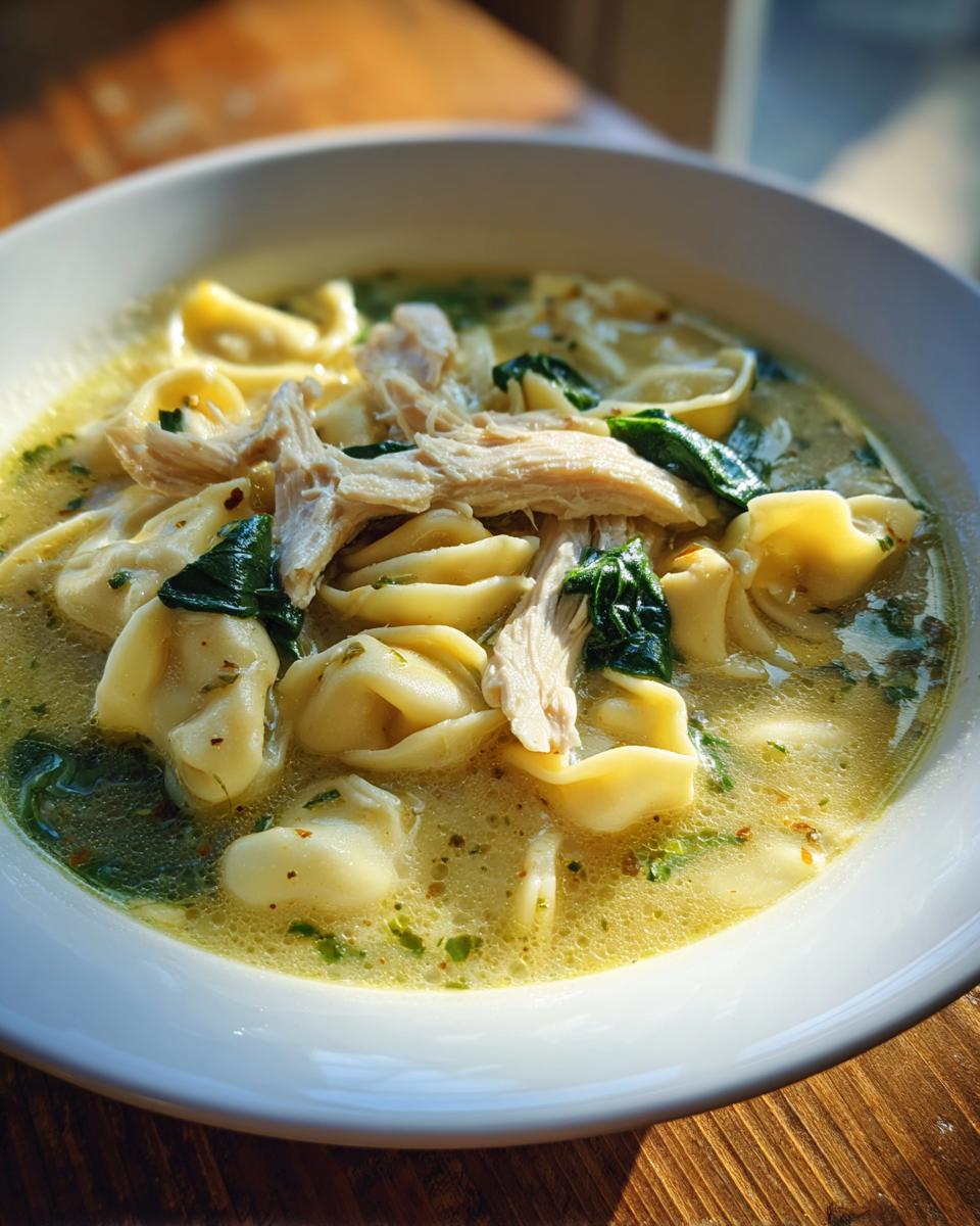 Close-up of a white bowl filled with creamy chicken tortellini soup, featuring shredded chicken and wilted spinach.
