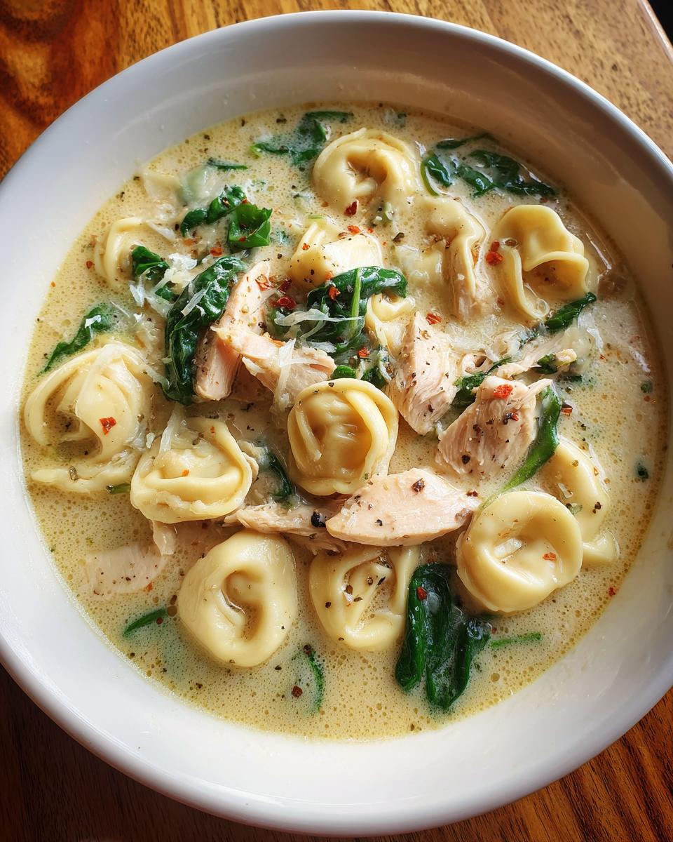 Close-up overhead view of a bowl of creamy chicken tortellini soup featuring tortellini pasta, chunks of chicken, and wilted spinach.