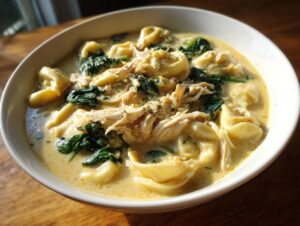 Close-up of a white bowl filled with creamy chicken tortellini soup, featuring shredded chicken and wilted spinach.