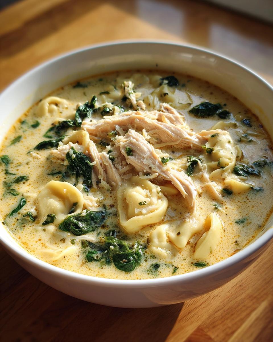 Close-up of a white bowl filled with creamy chicken tortellini soup, topped with shredded chicken and spinach.