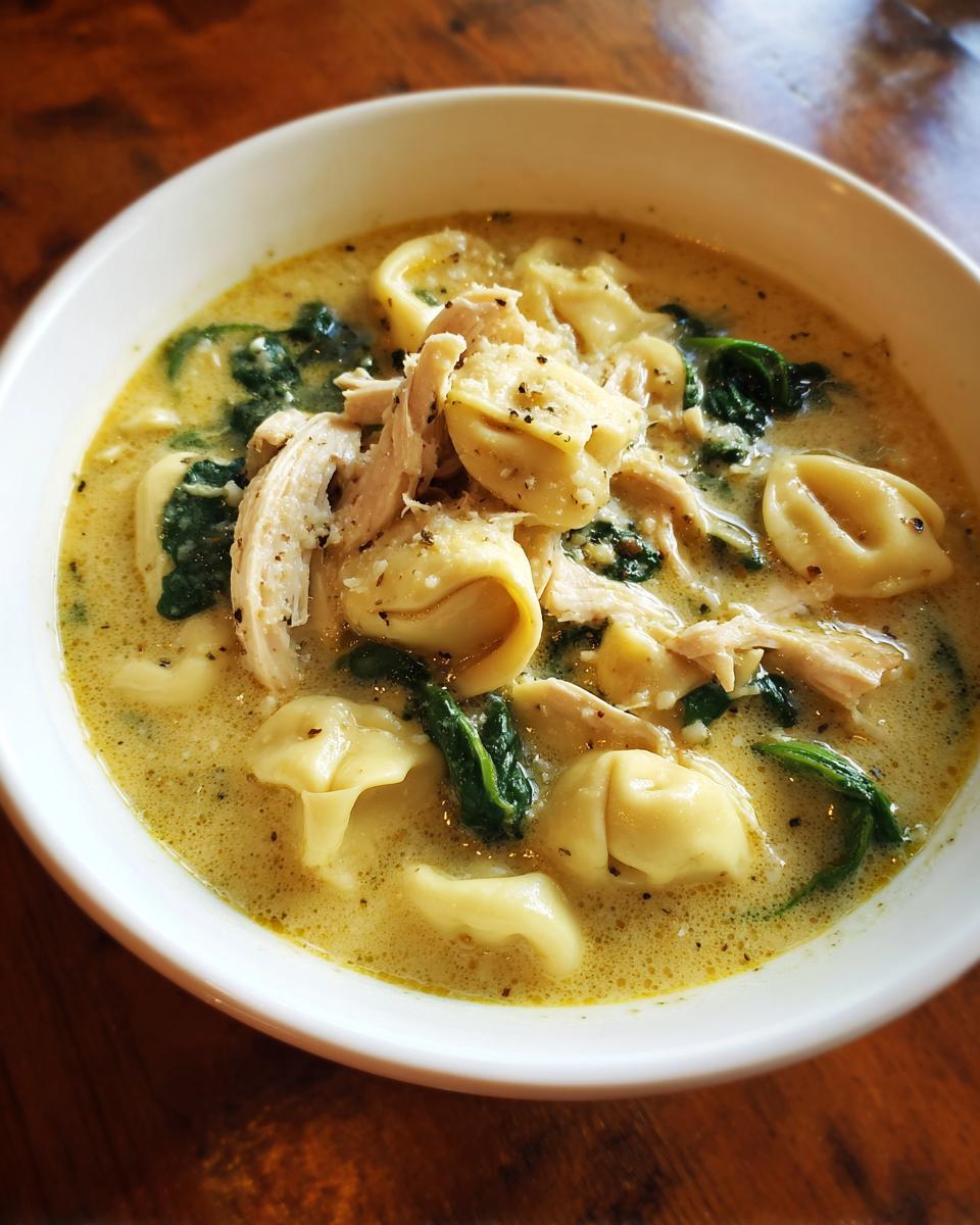 Close-up of a white bowl filled with creamy chicken tortellini soup, featuring shredded chicken and wilted spinach.