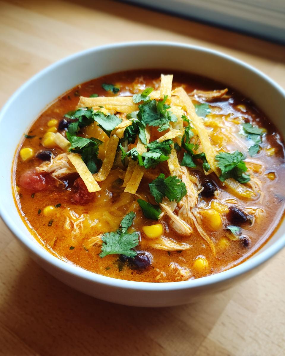 A close-up view of a bowl of creamy chicken tortilla soup topped with shredded chicken, corn, black beans, cheese, and cilantro.