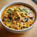A close-up of a bowl of creamy chicken tortilla soup, topped with shredded chicken, black beans, corn, and crispy tortilla strips.