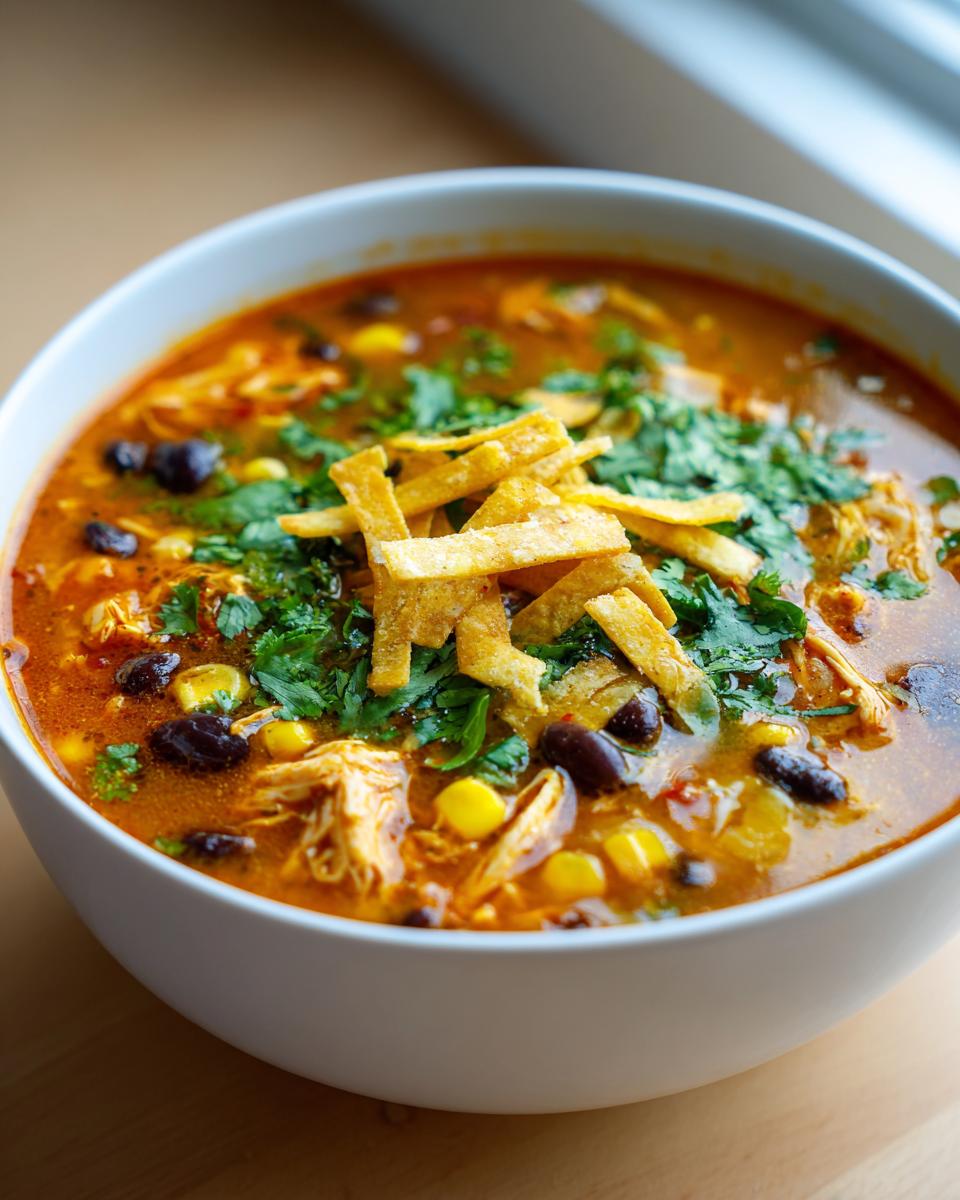 Close-up of a white bowl filled with creamy chicken tortilla soup, topped with cilantro, corn, black beans, and tortilla strips.