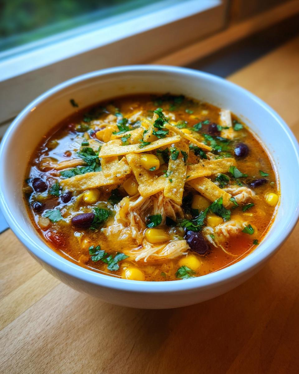 A close-up of a white bowl filled with creamy chicken tortilla soup, topped with tortilla strips, corn, beans, and cilantro.