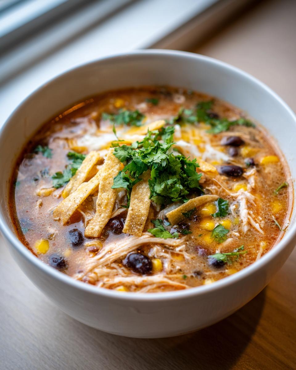 Close-up of creamy chicken tortilla soup topped with cilantro, tortilla strips, black beans, and corn.