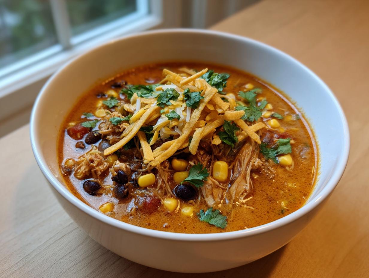 A close-up of a bowl of creamy chicken tortilla soup topped with shredded chicken, corn, black beans, tortilla strips, and cilantro.