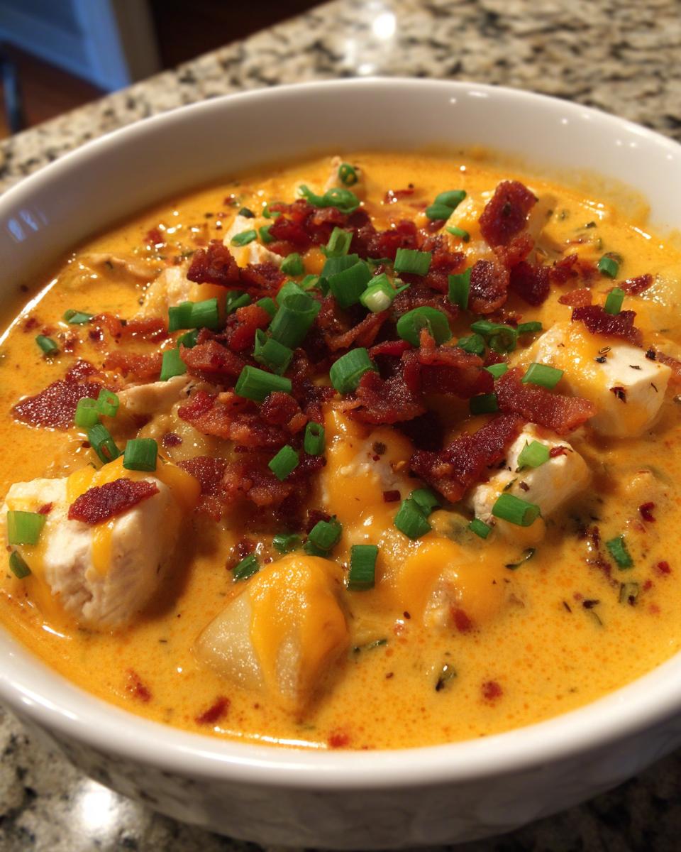 Close-up of a creamy, orange crockpot cheeseburger soup, featuring chunks of meat/potato, melted cheese, bacon bits, and green onions.