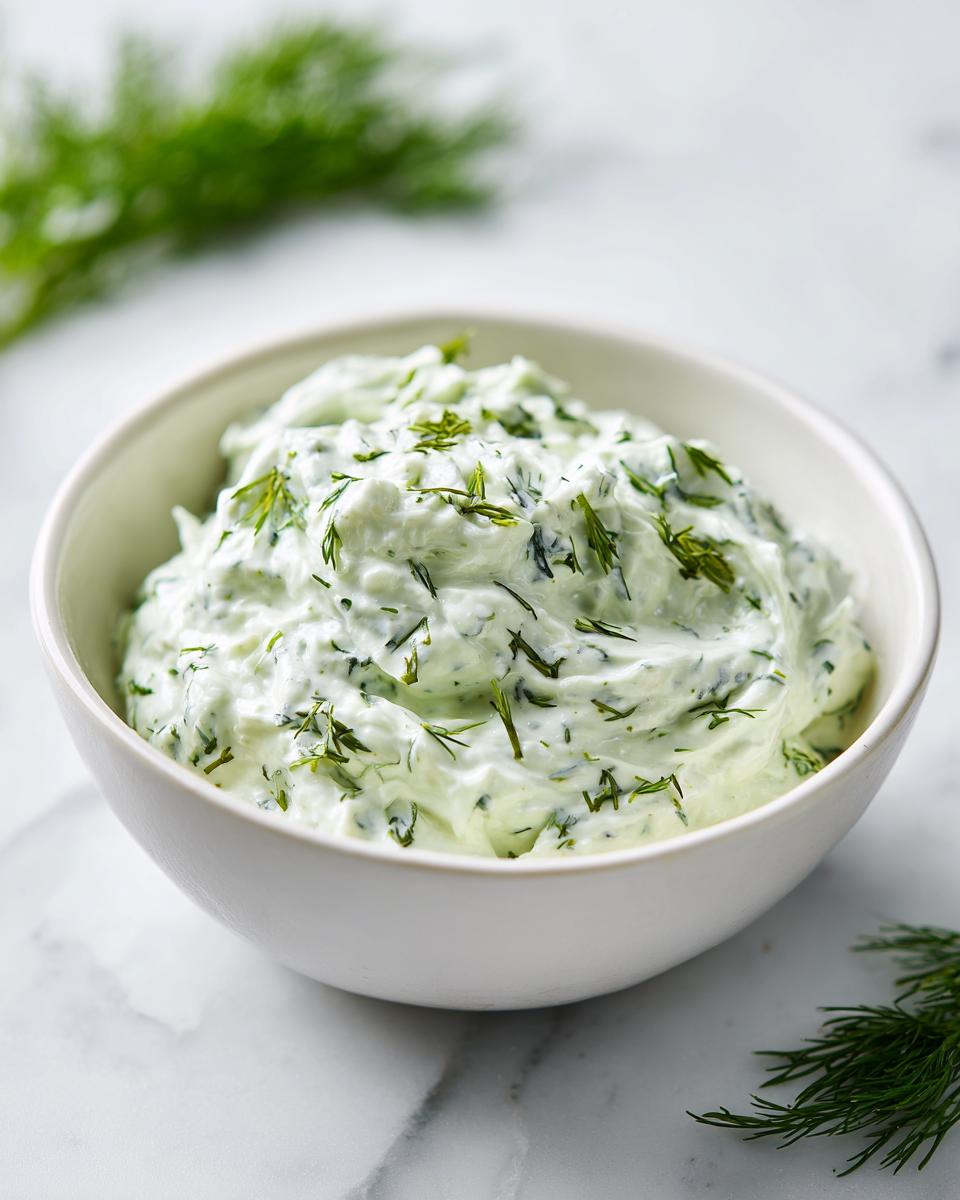 Close-up of creamy dill dip generously topped with fresh dill sprigs in a white bowl.
