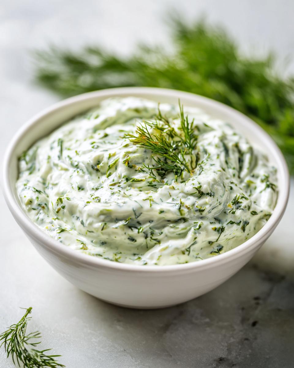 A close-up of creamy, green dill dip generously mixed with fresh herbs, topped with a sprig of dill, in a white bowl.