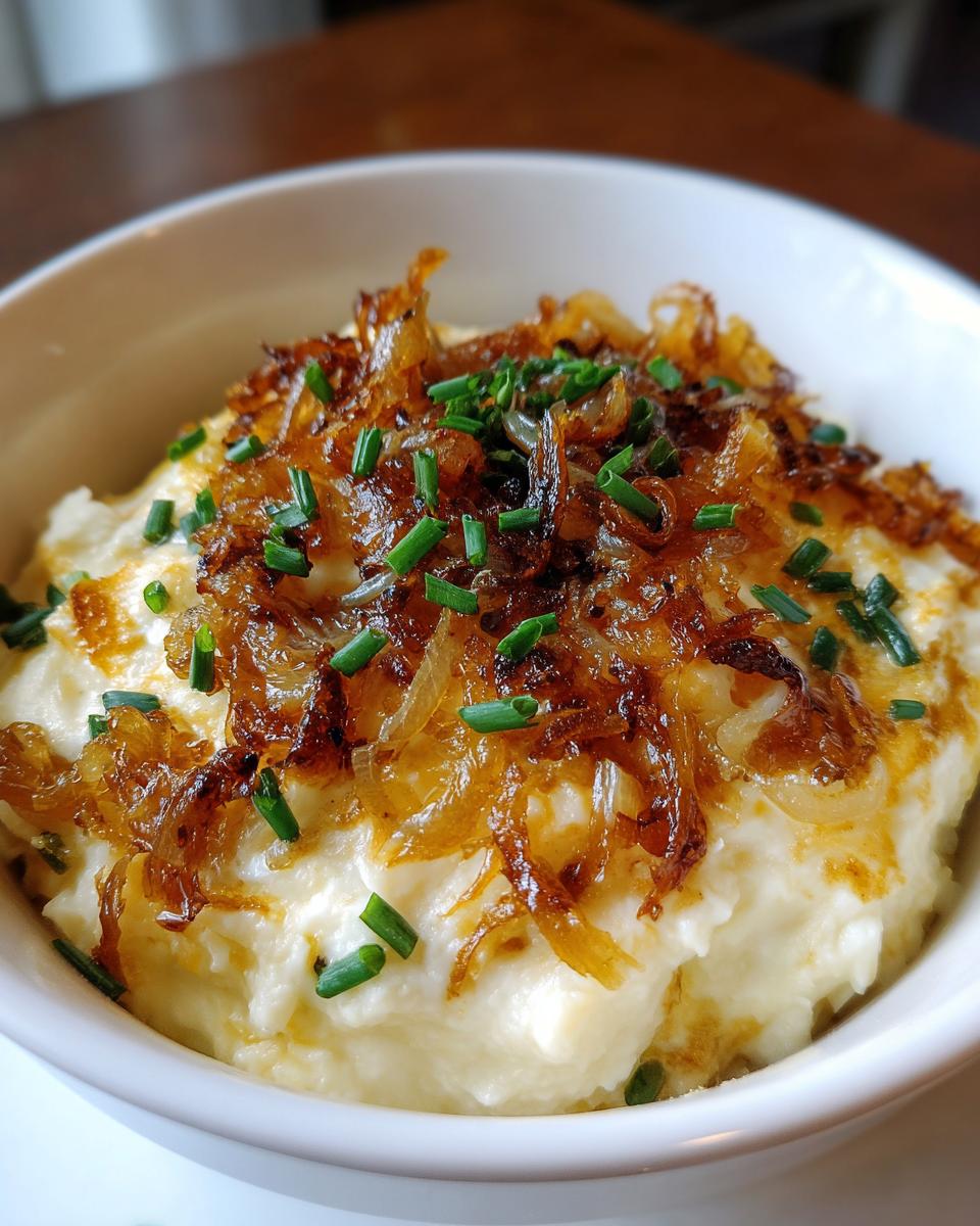Close-up of a creamy white dip topped generously with caramelized onion dip ingredients and fresh chives.