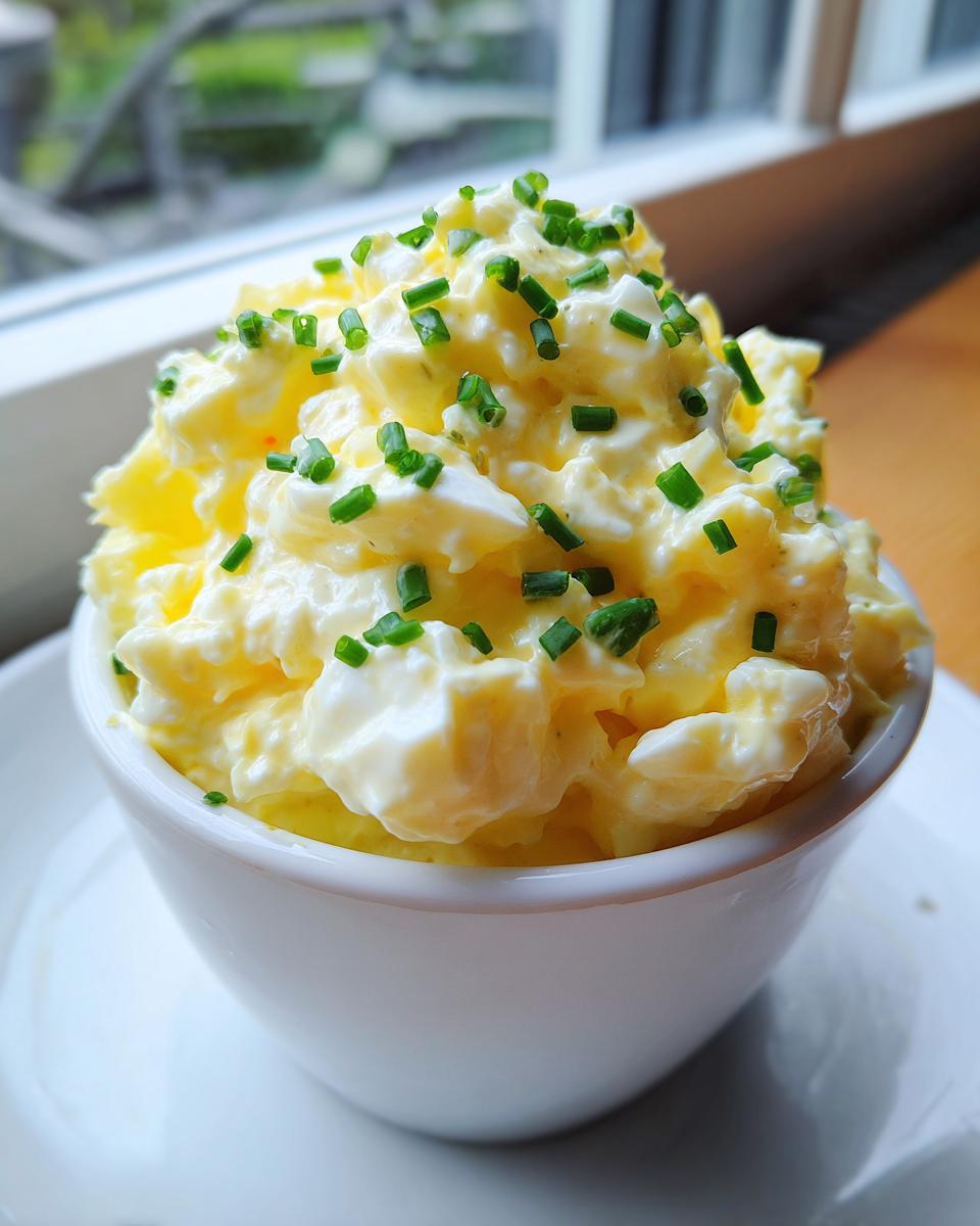 A serving of creamy, chunky egg salad recipe garnished generously with fresh chopped green chives in a white ramekin.