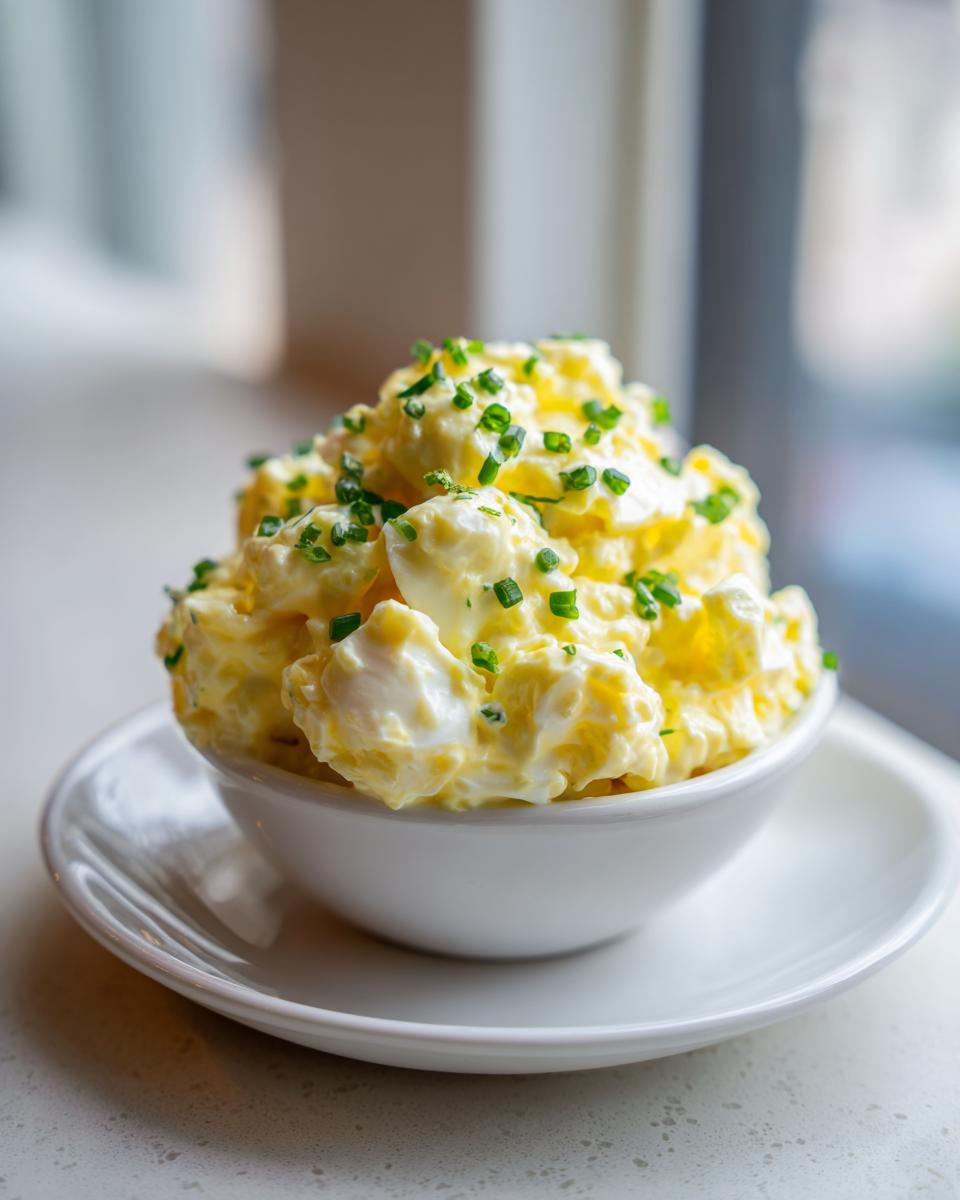 A small white bowl filled high with creamy egg salad recipe, garnished with fresh chopped chives.