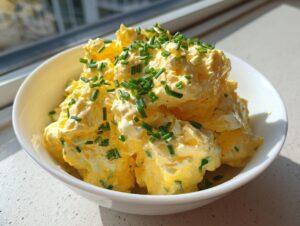 A close-up of a white bowl filled with creamy, yellow egg salad recipe, garnished generously with chopped green chives.