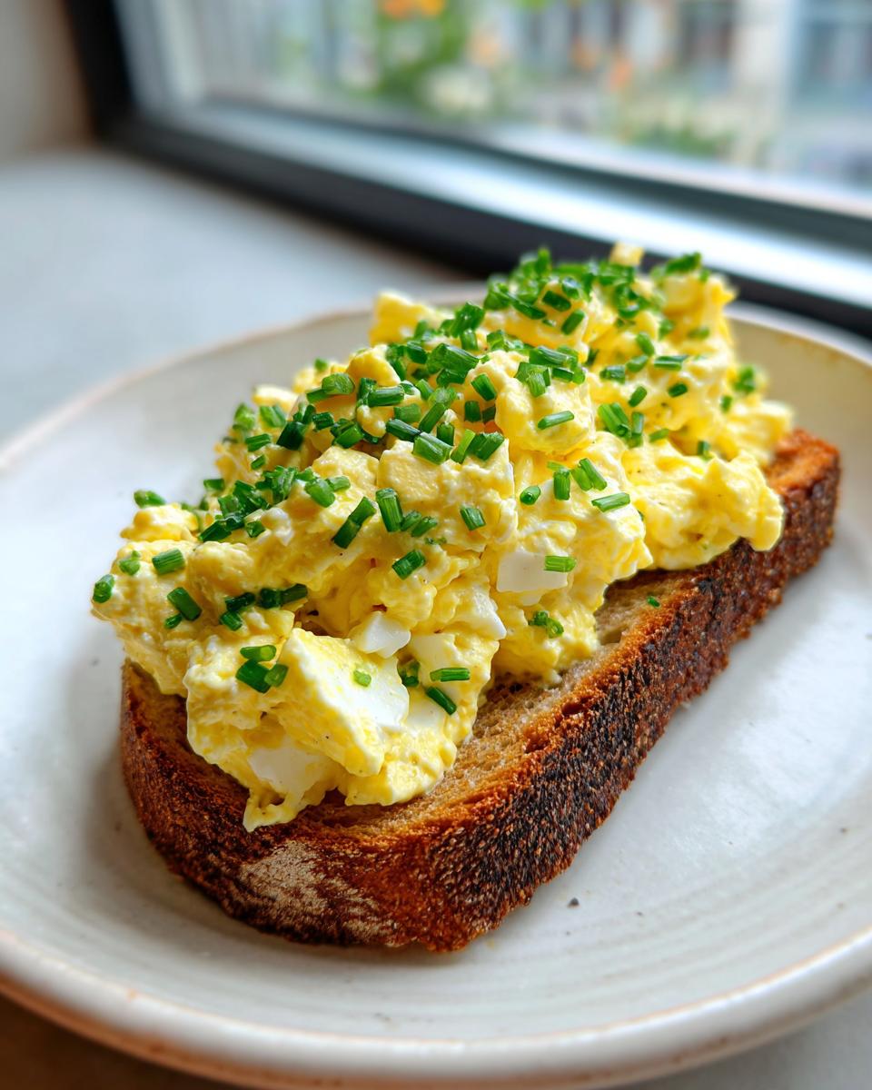 A generous serving of creamy egg salad recipe topped with fresh green chives, served open-faced on a slice of toasted dark bread.