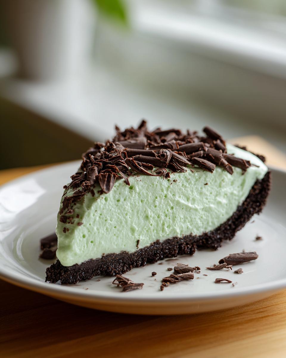 A perfect slice of light green grasshopper pie with a dark chocolate crust, topped with chocolate shavings.