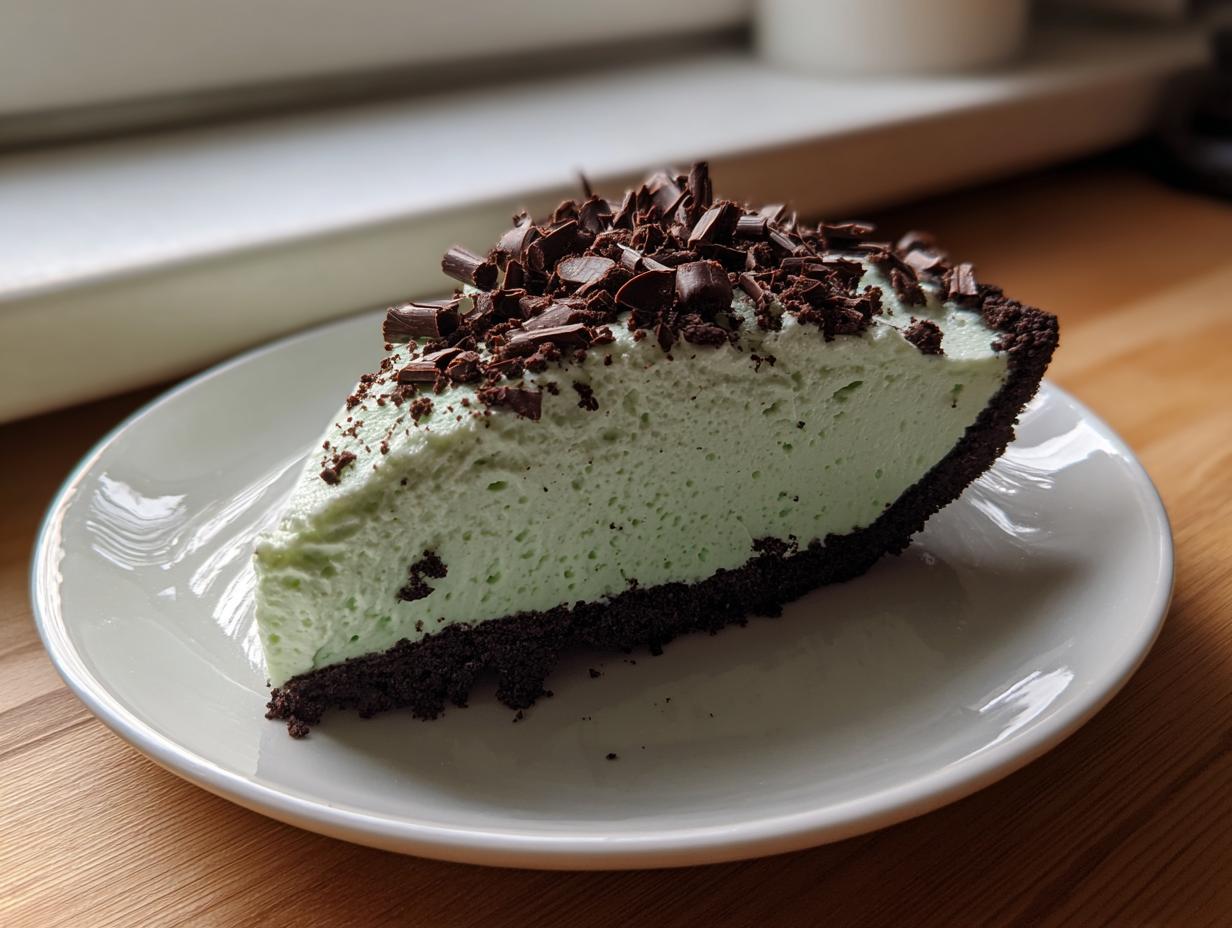 A perfect slice of light green grasshopper pie with a dark chocolate crust, topped with chocolate shavings.